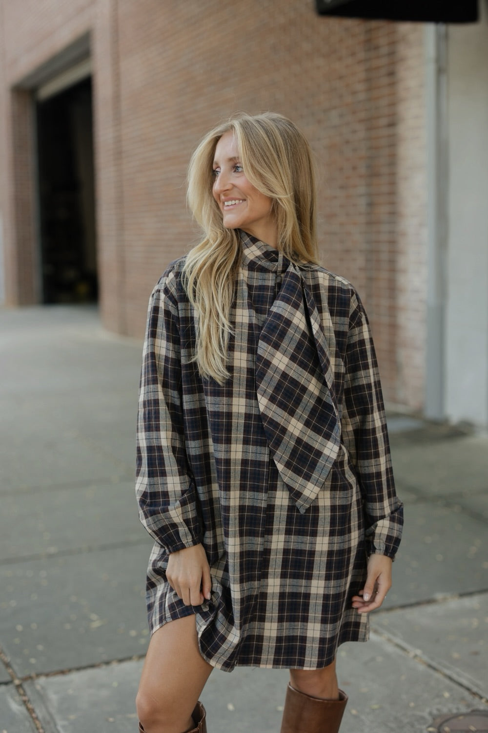 Brown Plaid Button Down Dress