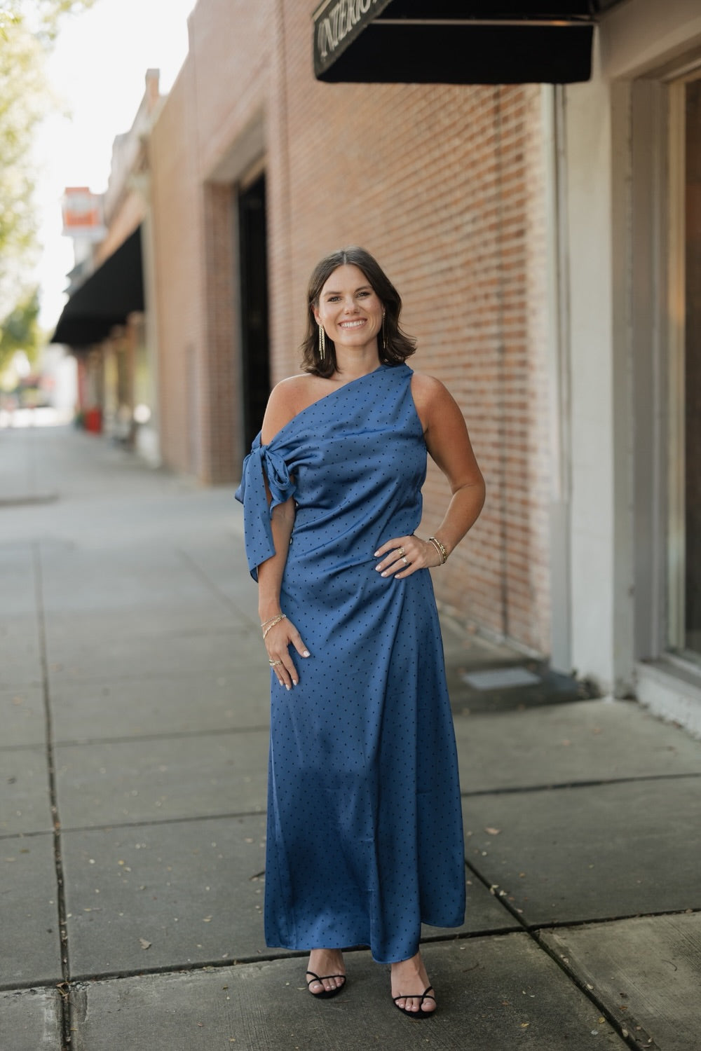 Remie Asymmetrical Blue Polka Dot Midi Dress
