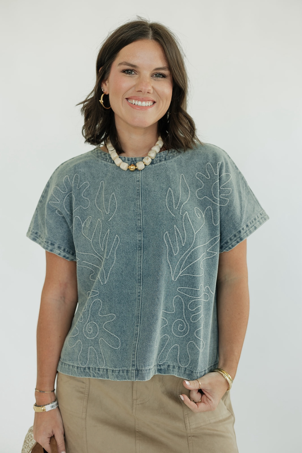 Stella Embroidered Short Sleeve Denim Top