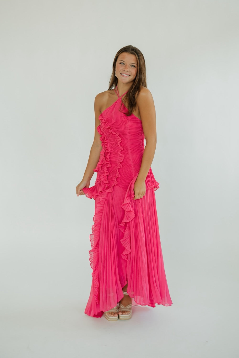 Cecilia Fuchsia Ruched Chiffon Midi Dress