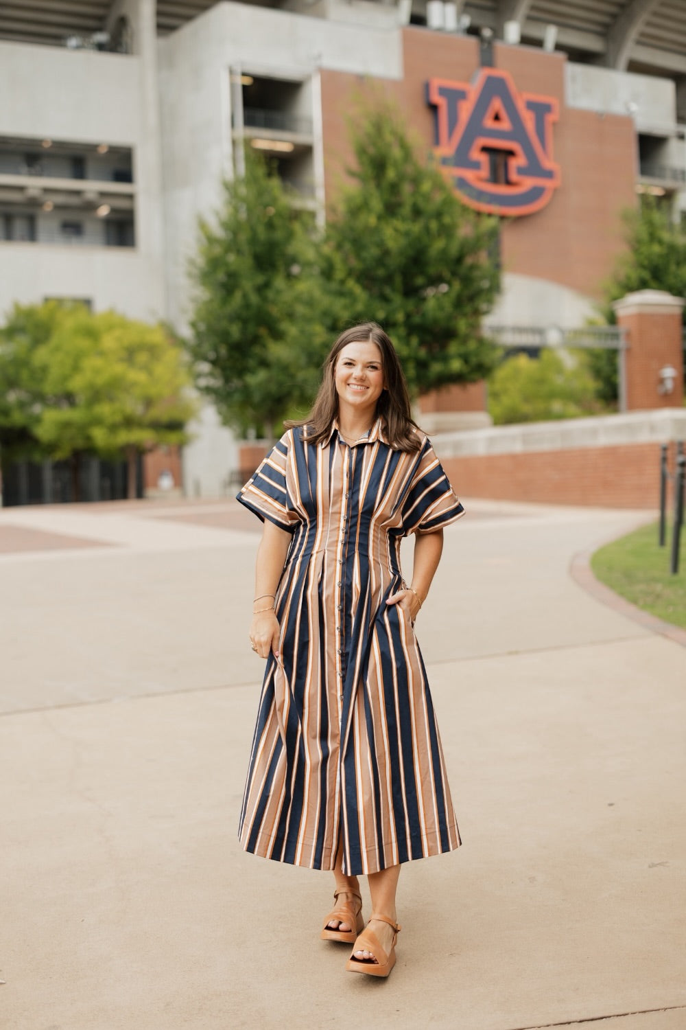 Clara Navy Multi Striped Cinched Waist Midi Dress
