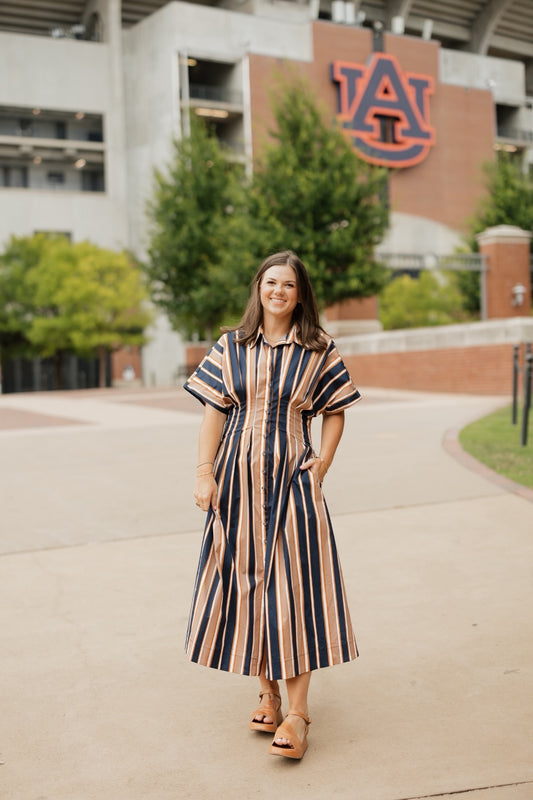 Clara Navy Multi Striped Cinched Waist Midi Dress