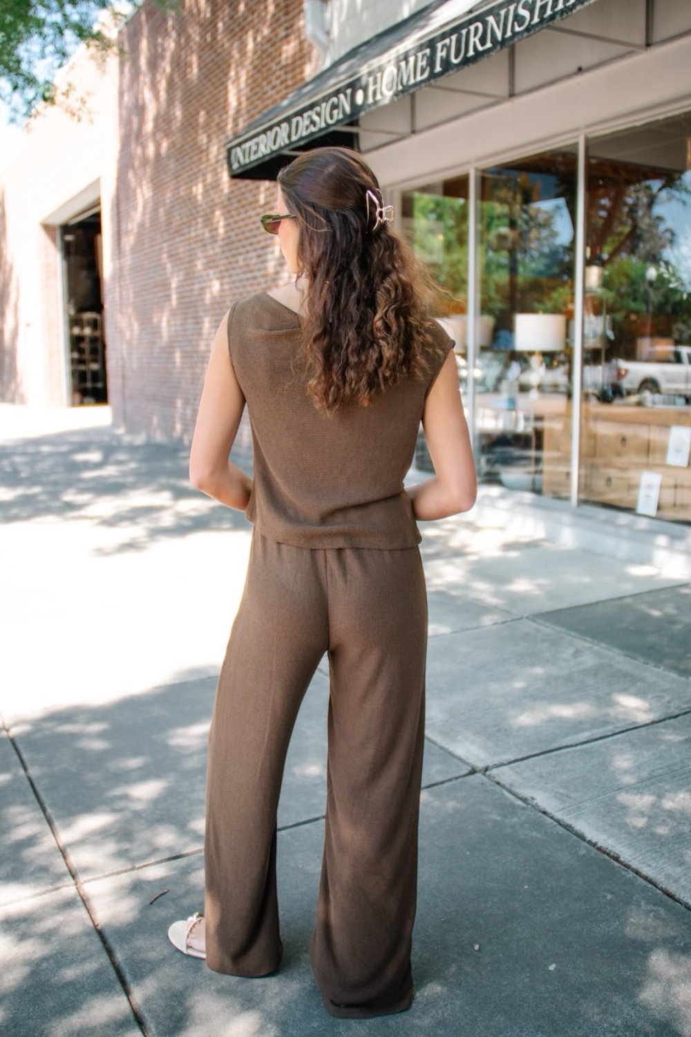 Brown Textured Knit Drape Shoulder Pant Set