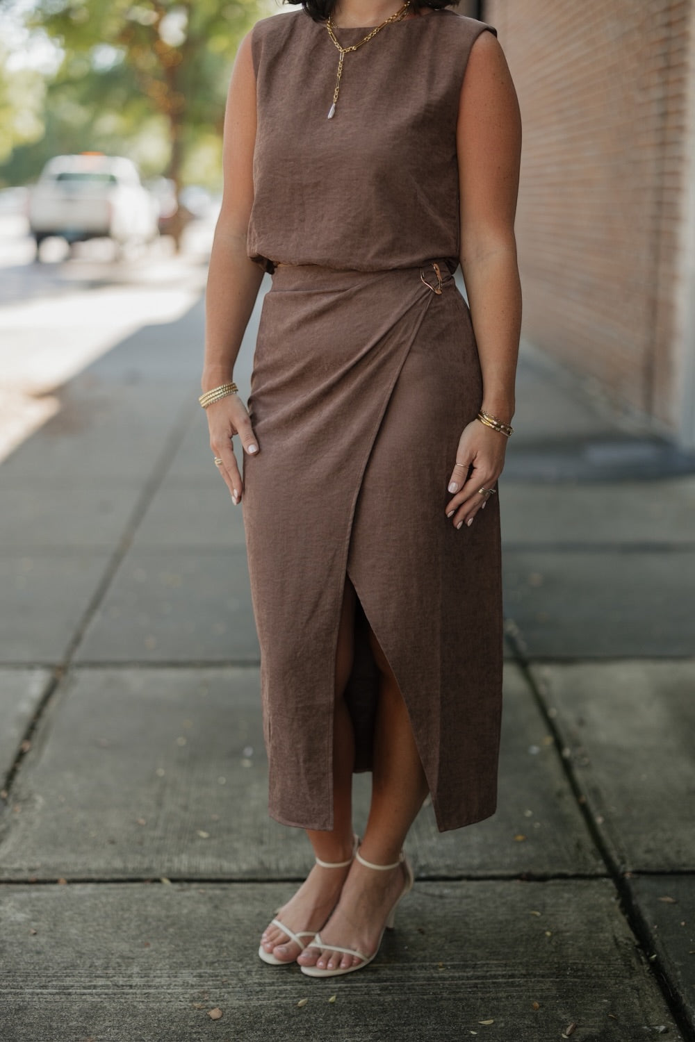 Brown Suede Wrap Midi Skirt