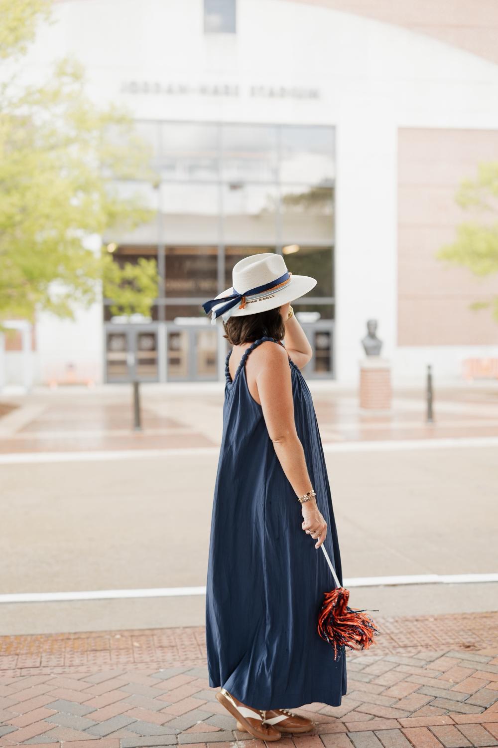 Navy Ball Trim Neckline Midi Dress