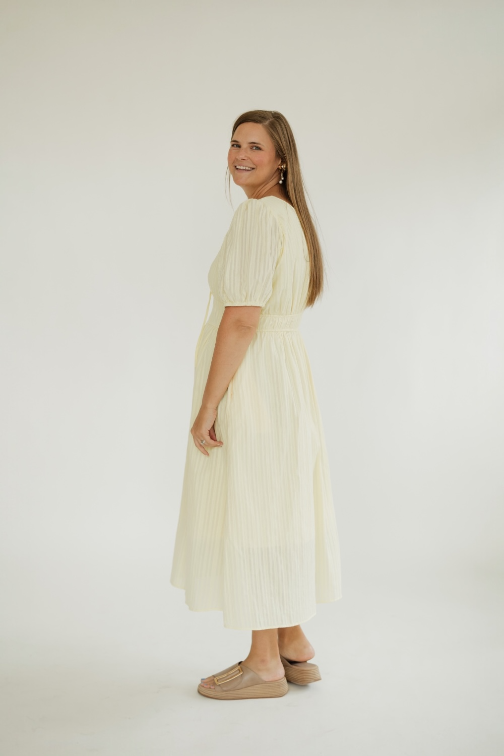 Jackie Yellow Jacquard Front Tie Detail Midi Dress