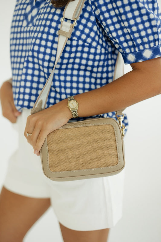 Avery Small Crossbody Bag in Natural Raffia & Light Taupe