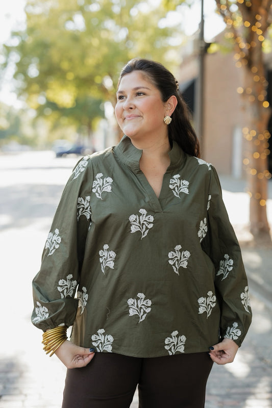 Kayla Moonlit Grace Olive Embroidered Top (XS-XL)