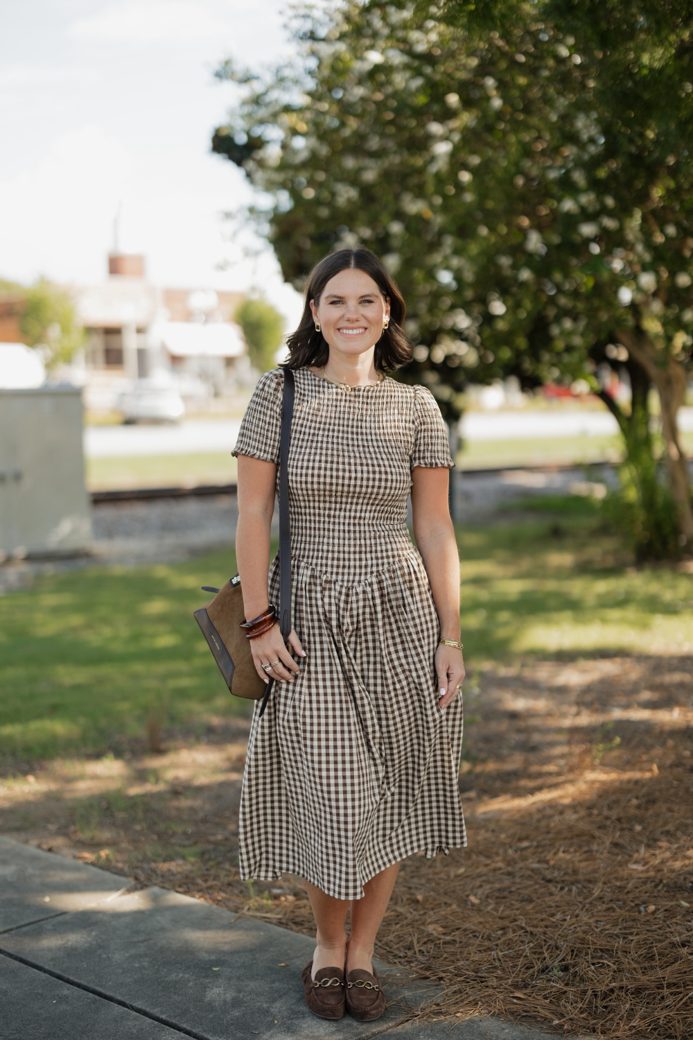 Bianca Brown Gingham Drop Waist Smocked Midi Dress