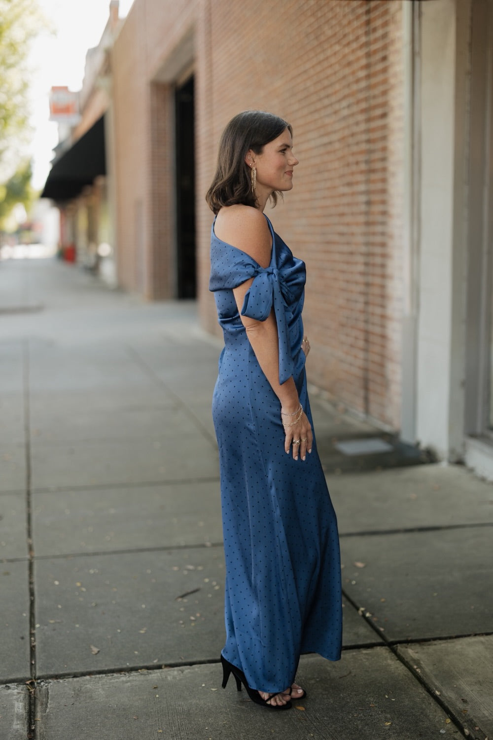 Remie Asymmetrical Blue Polka Dot Midi Dress