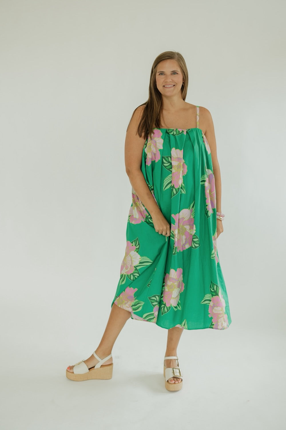 Talia Green Floral Thin Strap Midi Dress (XS-XL)