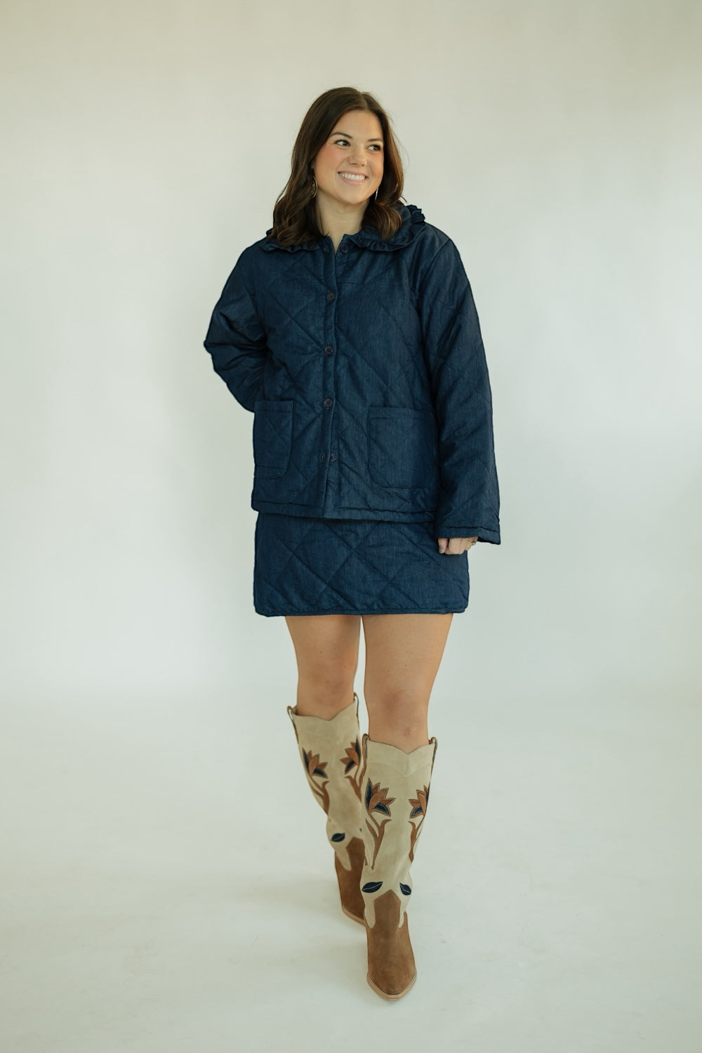 Janet Quilted Denim Ruffle Collar Jacket (XS-XL)