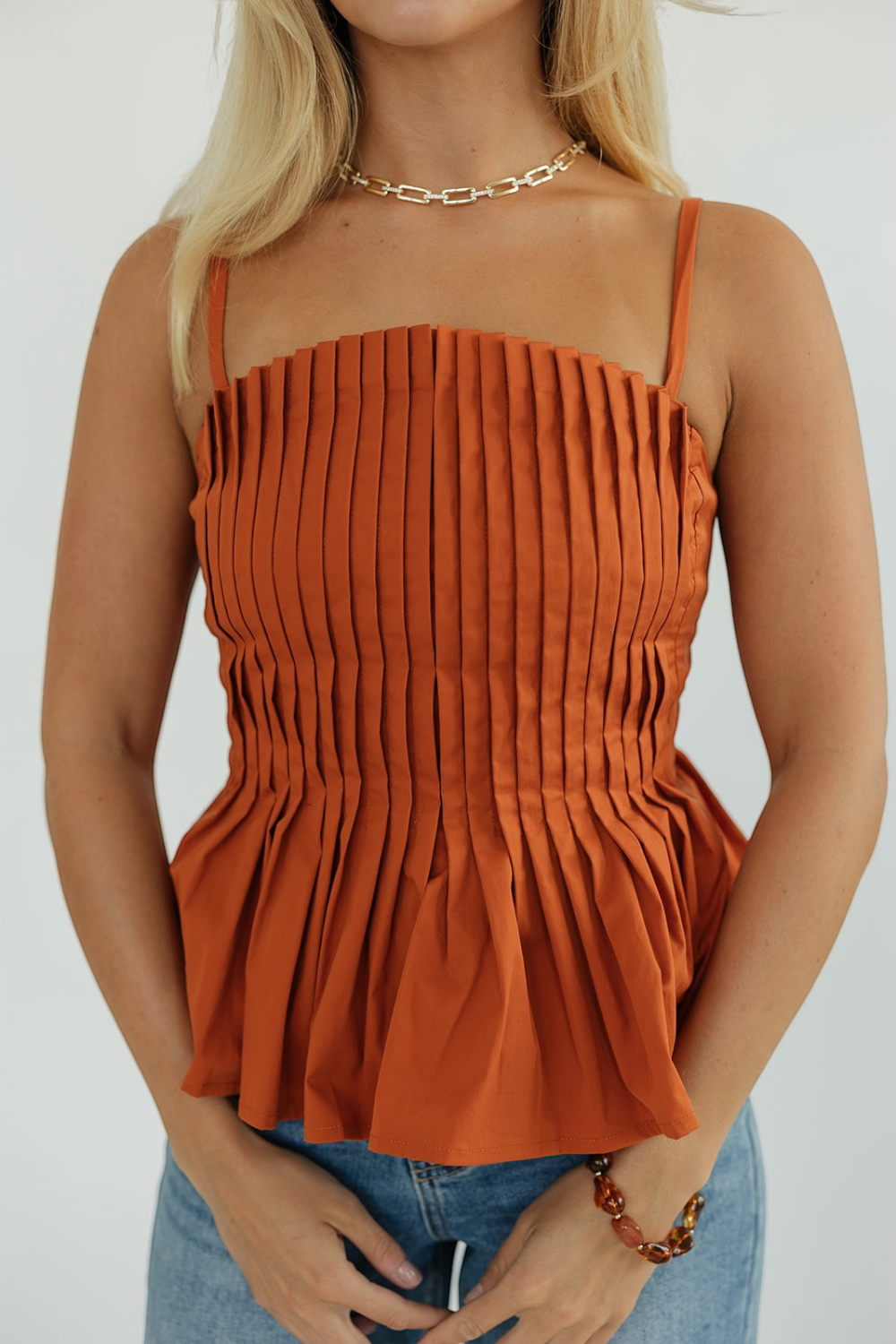 Callie Cinnamon Pleated Front Tank
