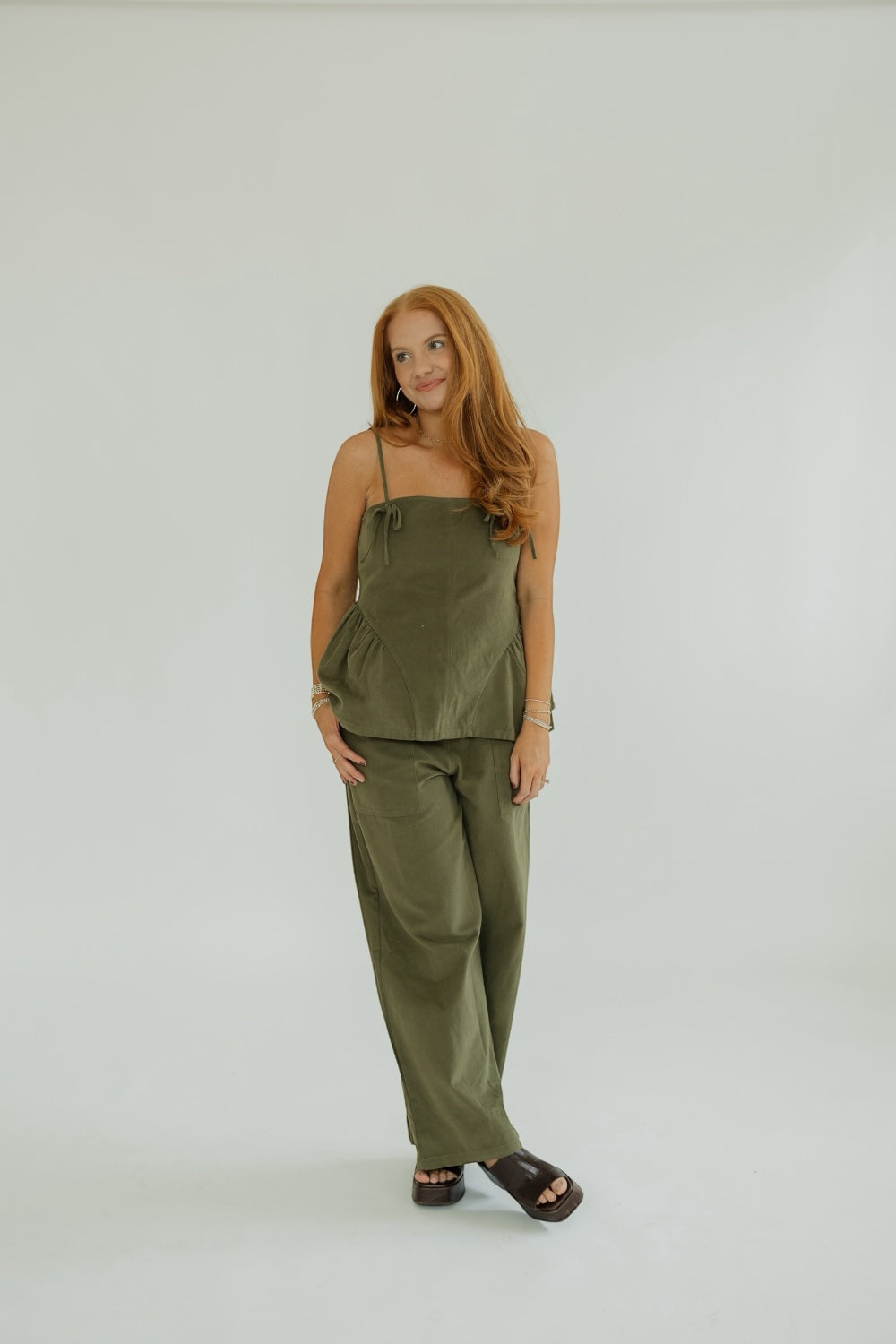 Bonnie Olive Bow Trim Peplum Top