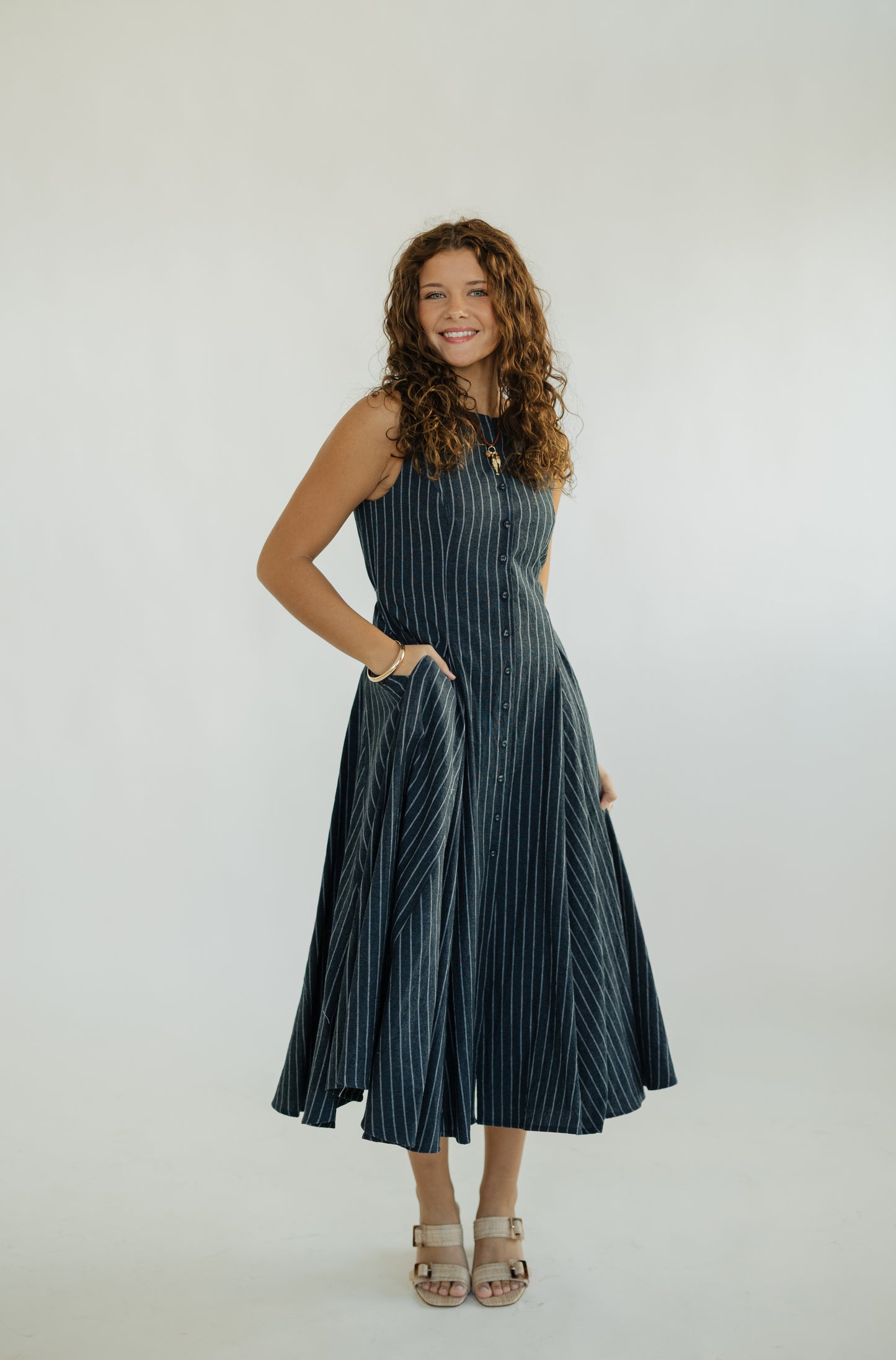 Navy Linen Striped Midi Dress