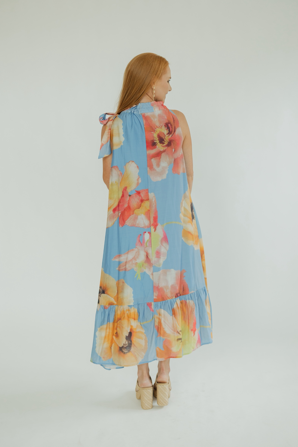 Foster Blue Floral Ruffle Neck Midi Dress