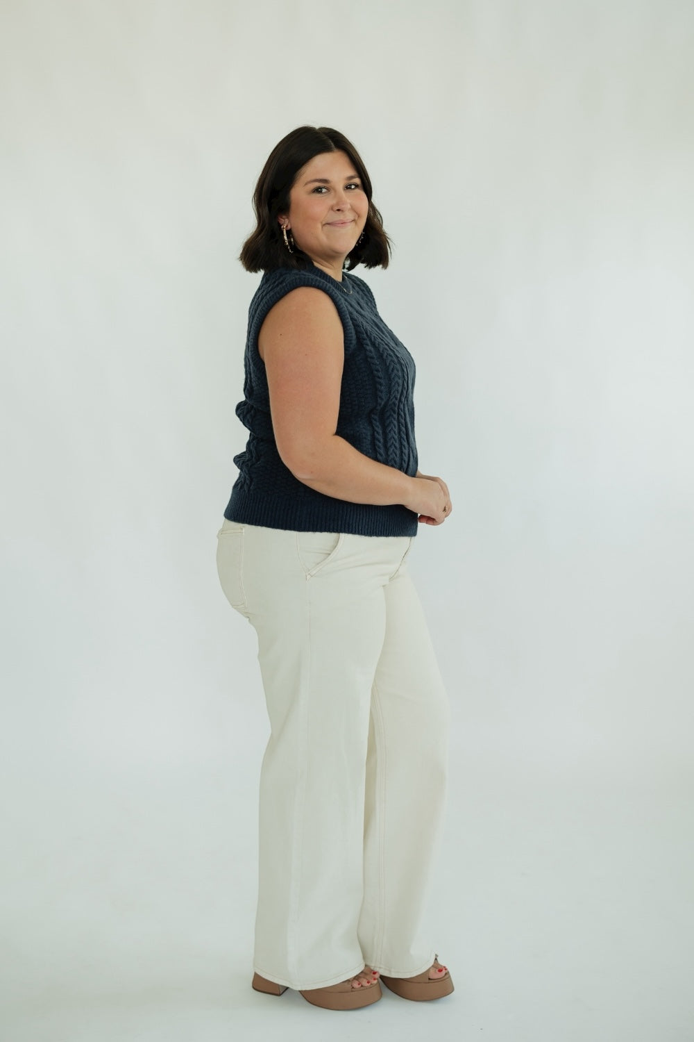 Navy Sleeveless Cable Knit Sweater