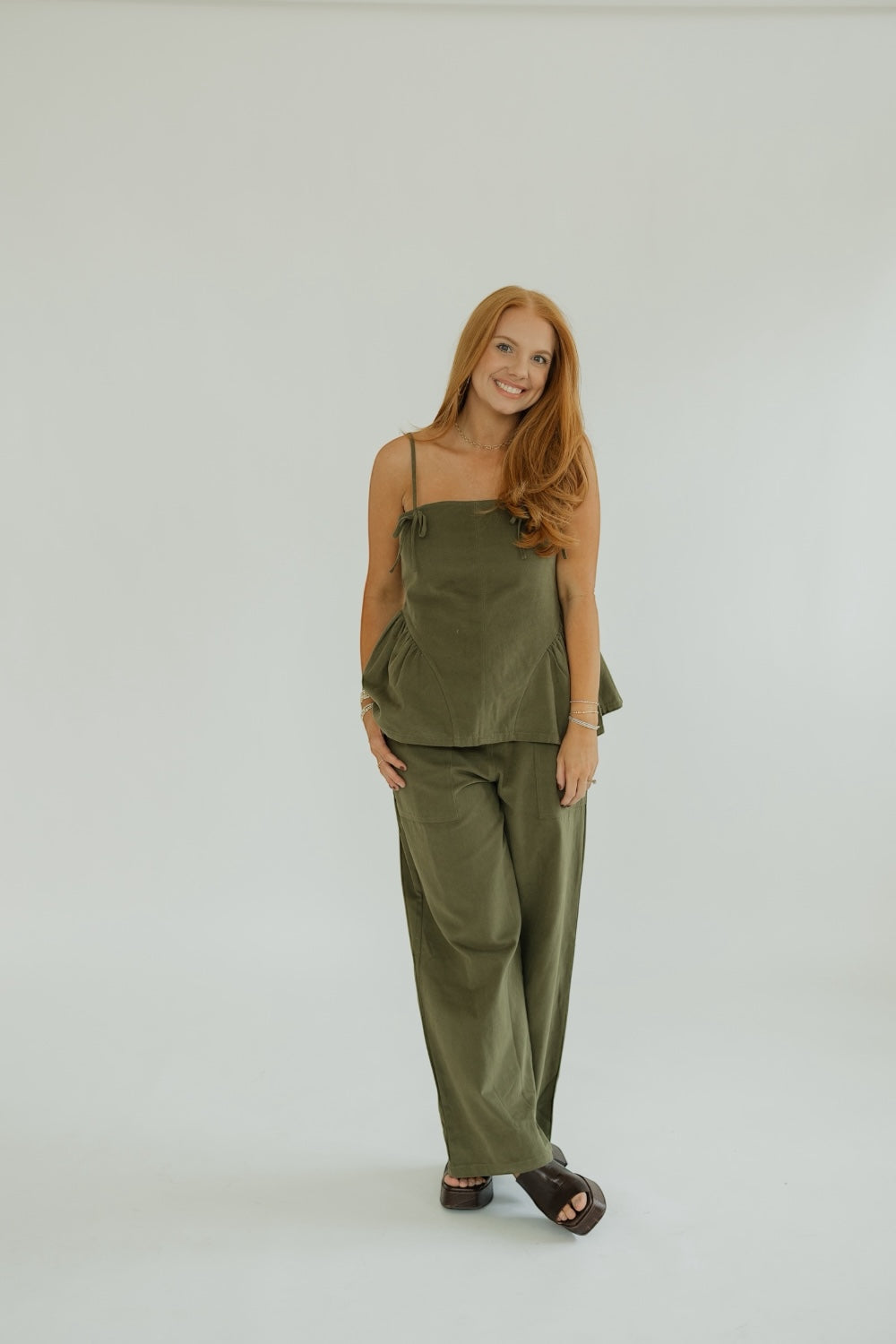 Bonnie Olive Bow Trim Peplum Top