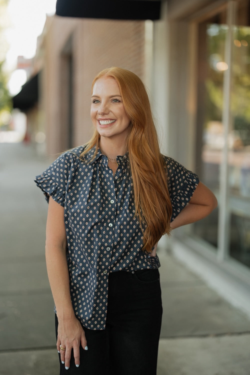 Ginny Navy Geometric Diamond Print Top