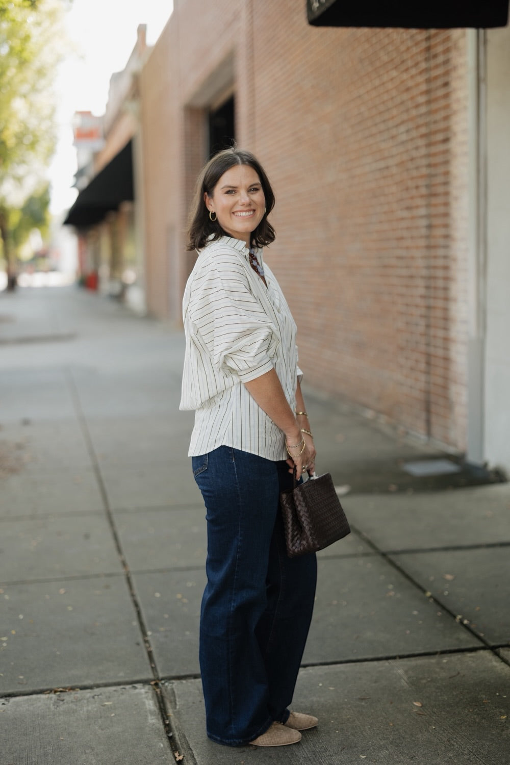Mellie Khaki Multi Stripe Button Down Tucked Top