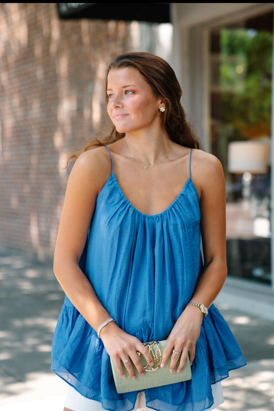 Blue Ruffled Detail Cami Top