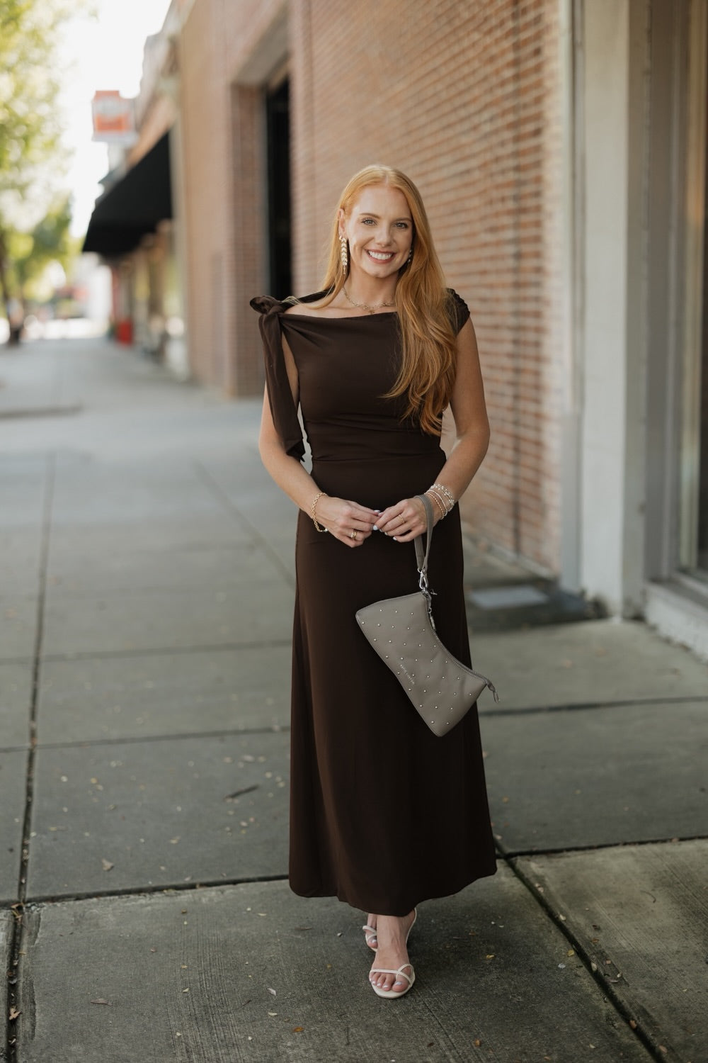 Remie Asymmetrical Brown Shoulder Tie Midi Dress
