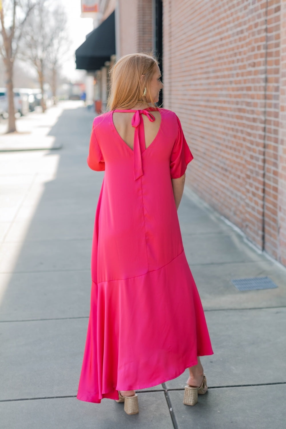 Fuchsia Asymmetric Satin Midi Dress