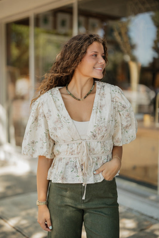 Jackie Ivory Embroidered Eyelet Peplum Top