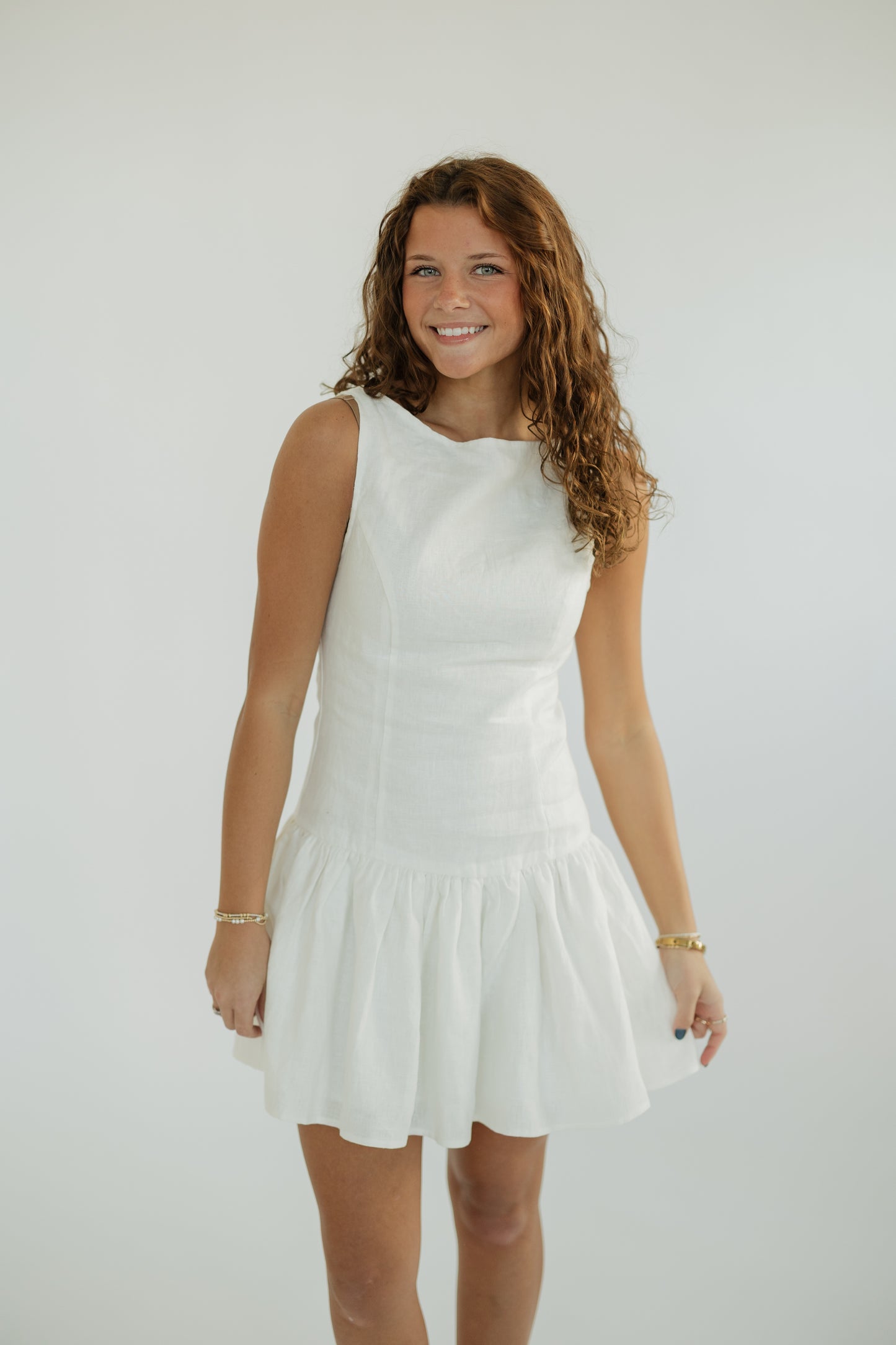 Madelyn Off White Linen Drop Waist Mini Dress