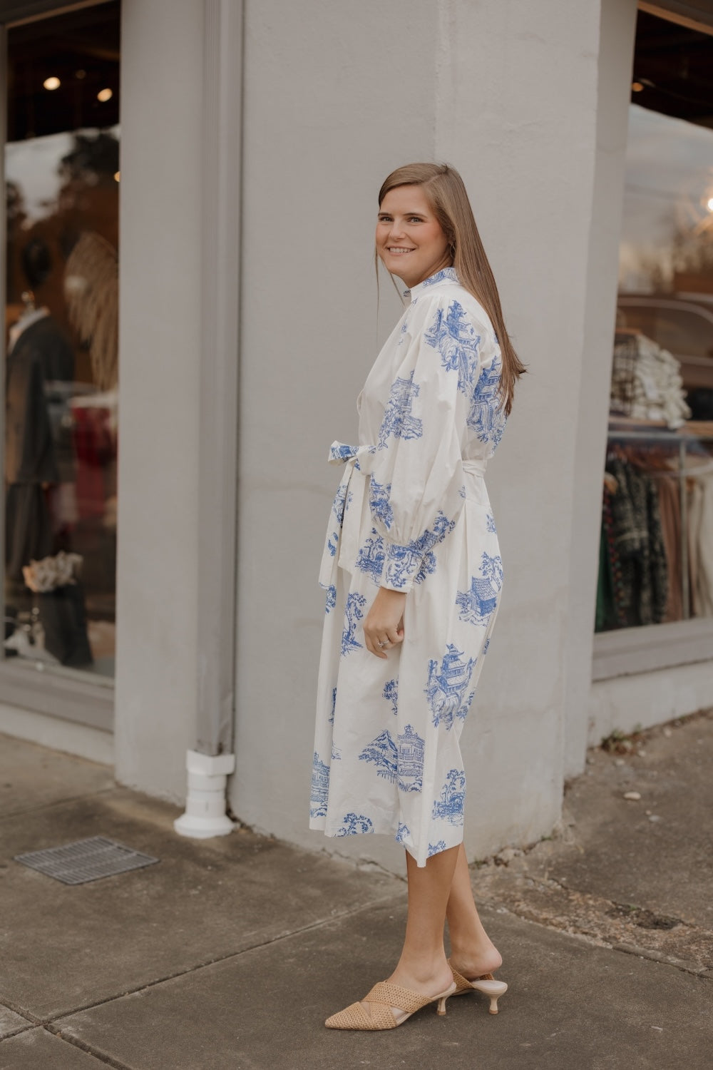 Toile Button Down Midi Shirt Dress