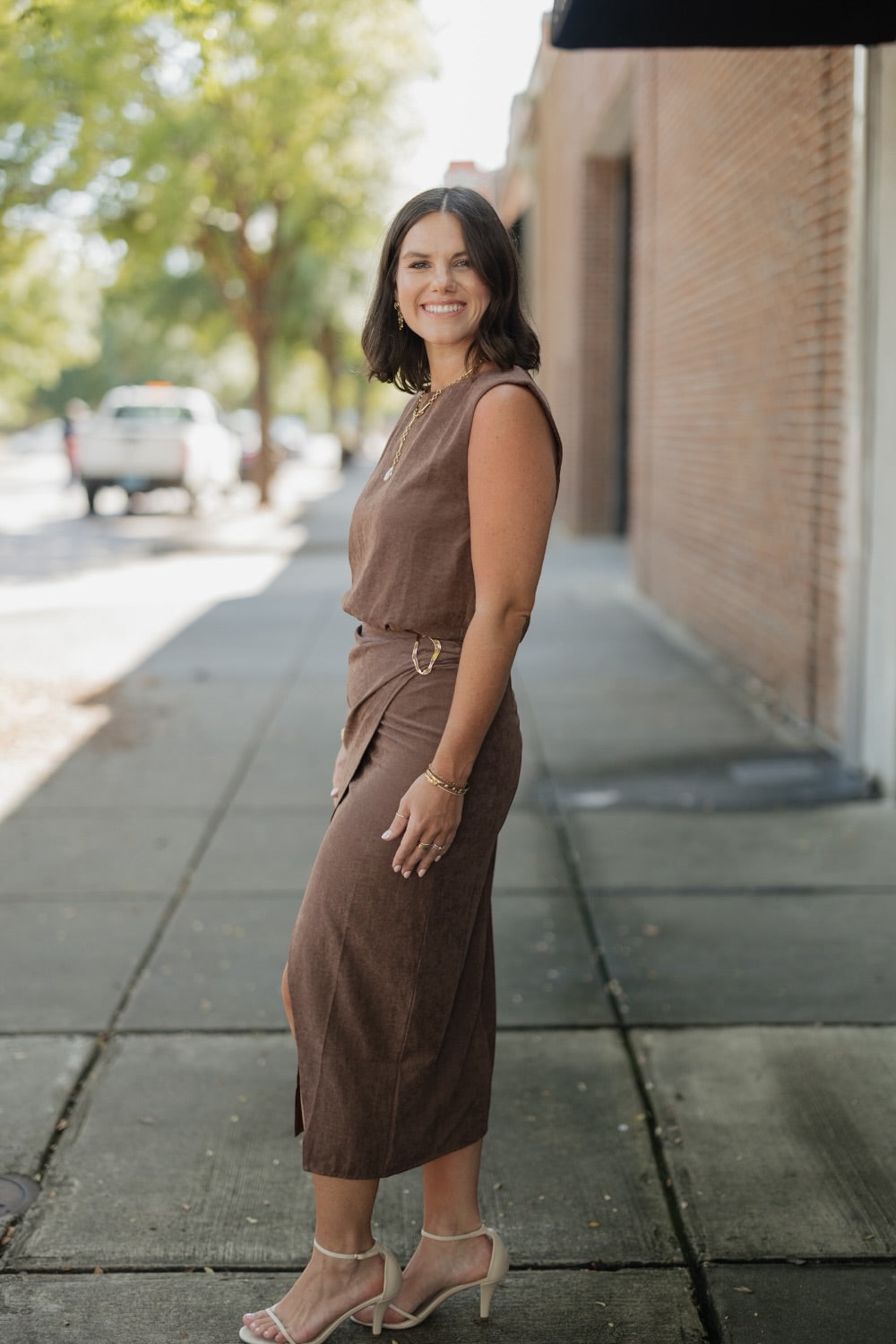 Brown Suede Wrap Midi Skirt