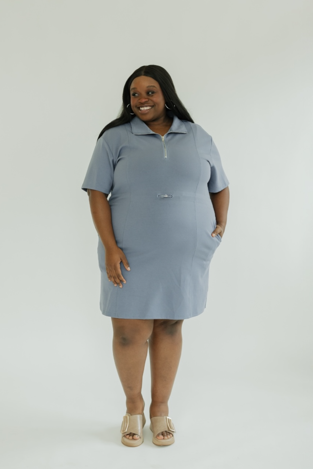 Shannon Steel Blue Elastic Waist Casual Dress (S-2XL)