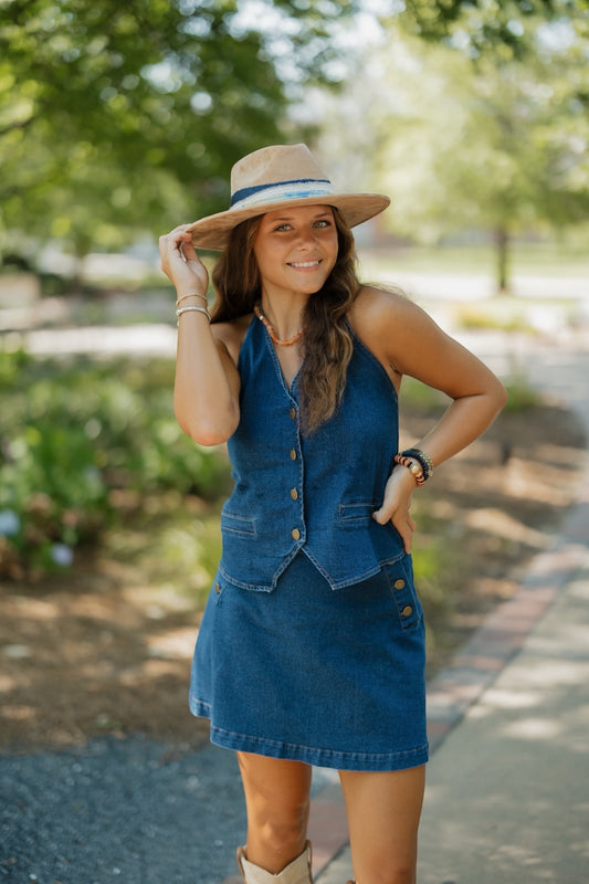Lavinia Mid-Blue Denim Halter Neck Top (XS-XL)