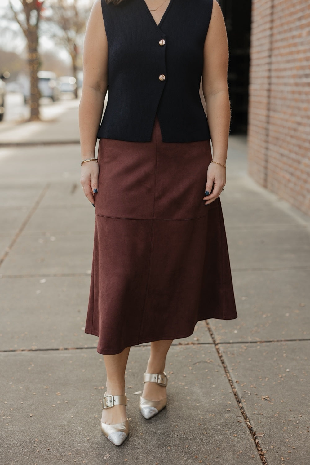 Dark Brown Suede A-Line Midi Skirt (S-3XL)