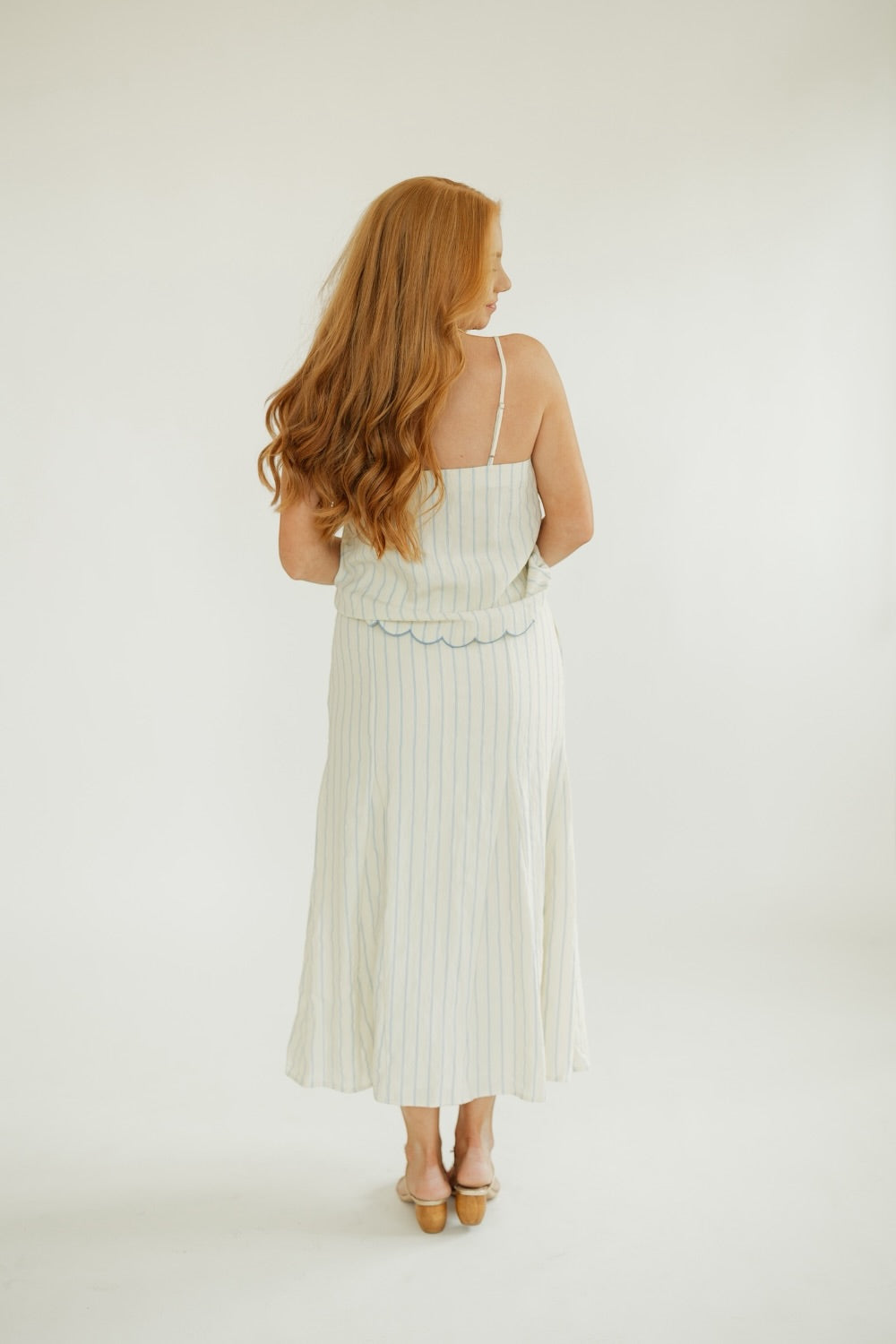 Savvy Blue Striped Belted Midi Skirt