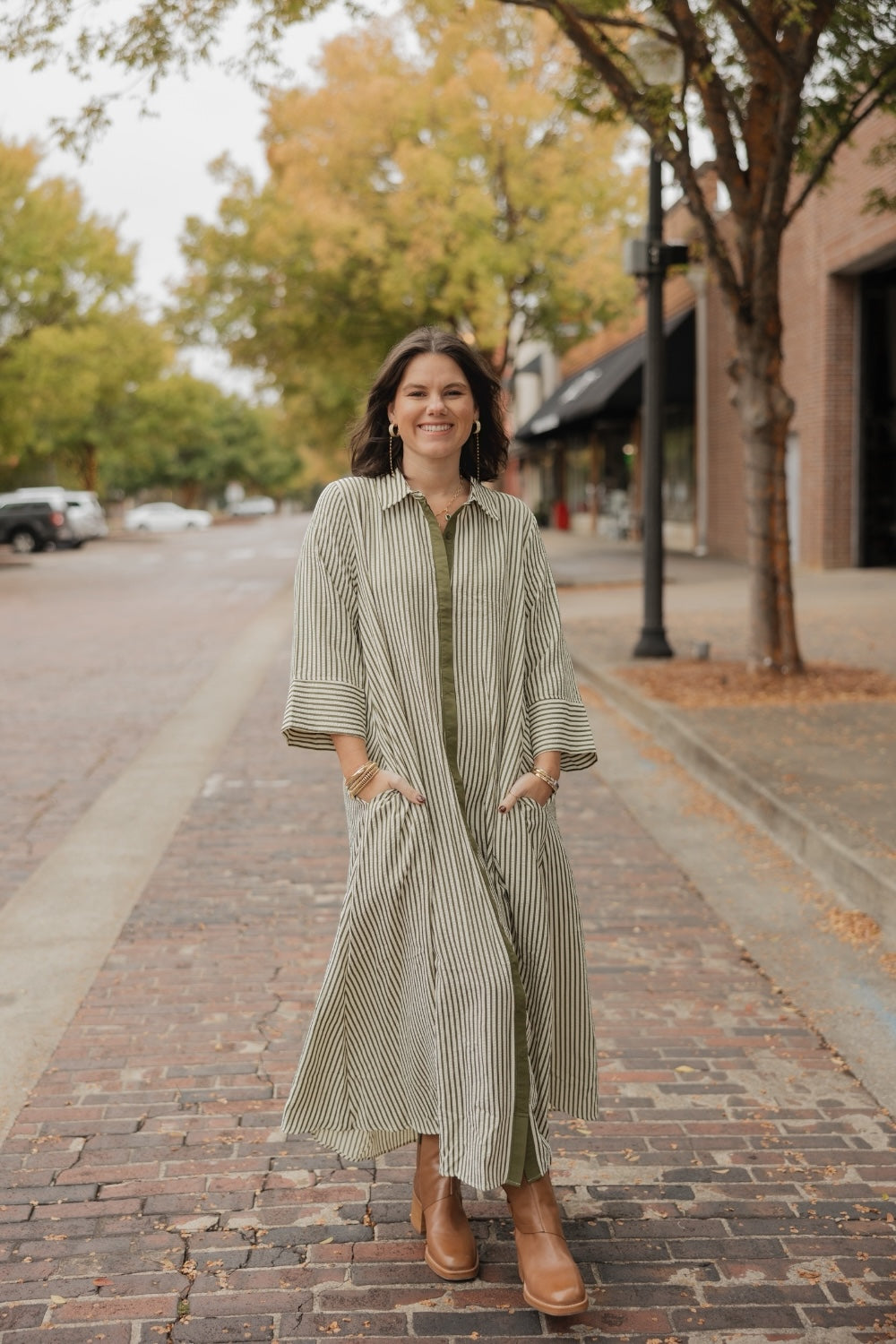 Melanie Olive Striped Midi Dress (S-2XL)
