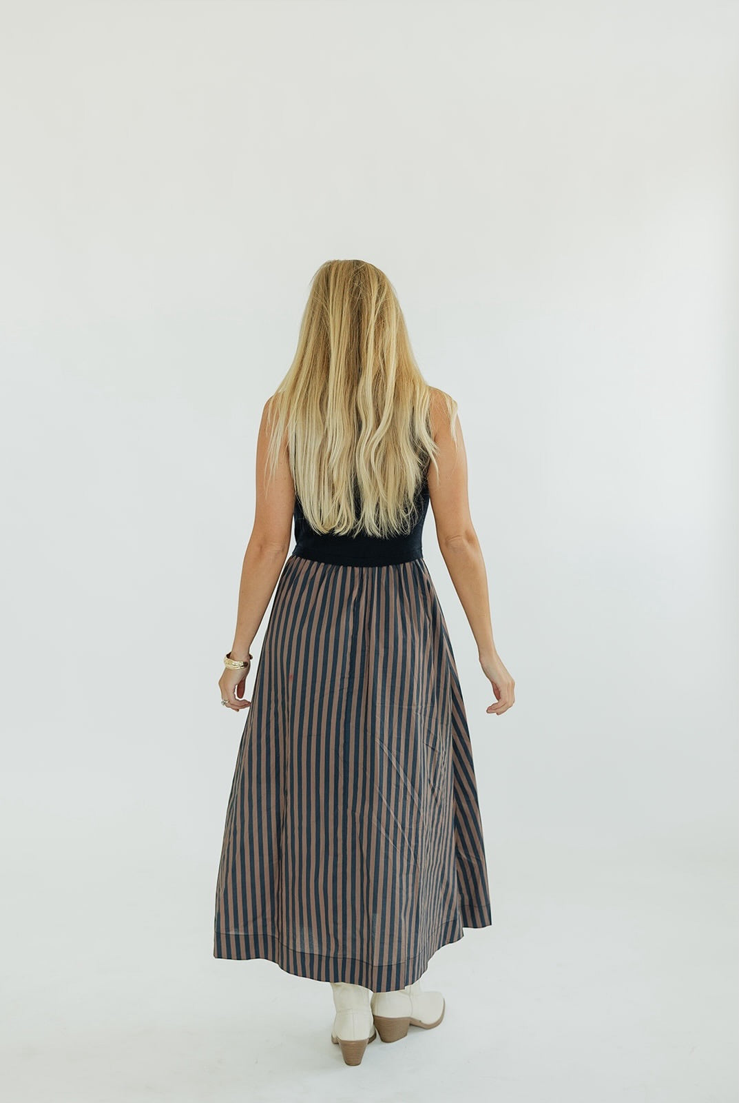 Alexandria Mixed Media Navy Striped Midi Dress