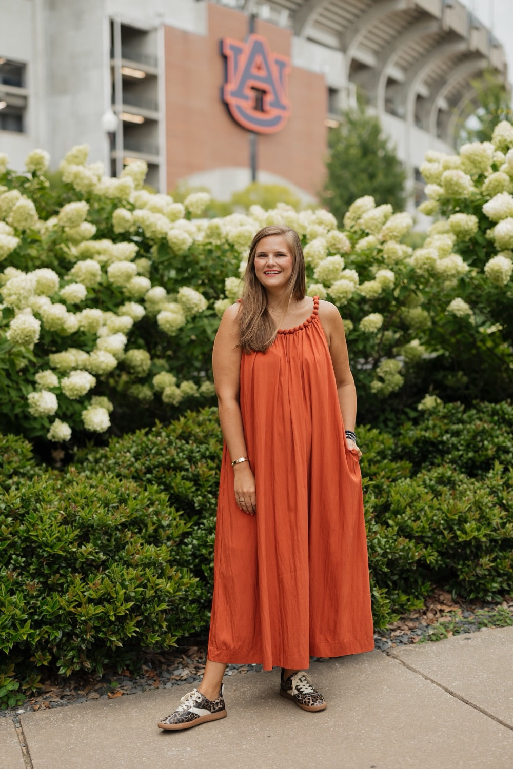 Rust Ball Trim Neckline Midi Dress