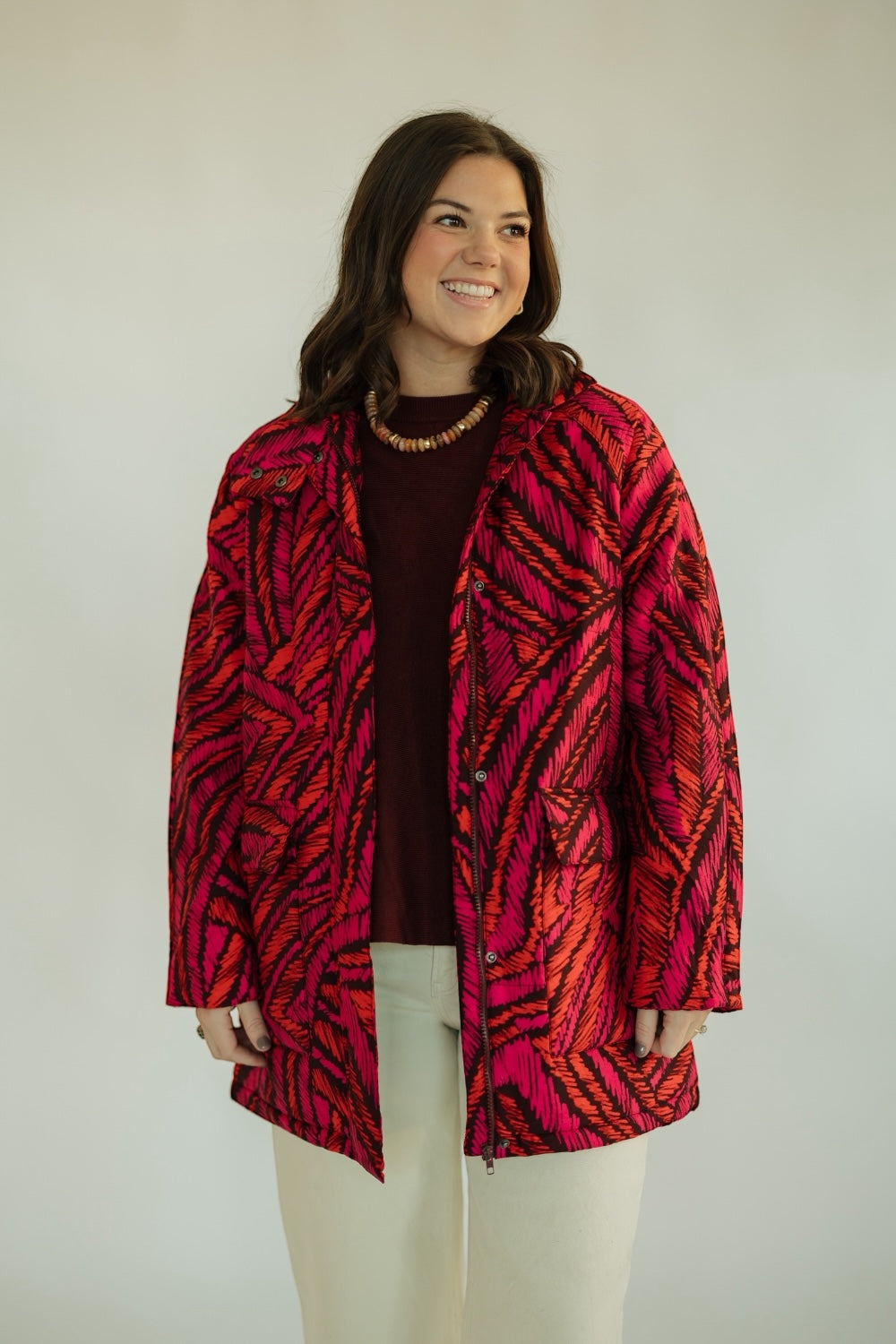 Fedora Pink/Maroon Print Puffer Coat (XS-XL)