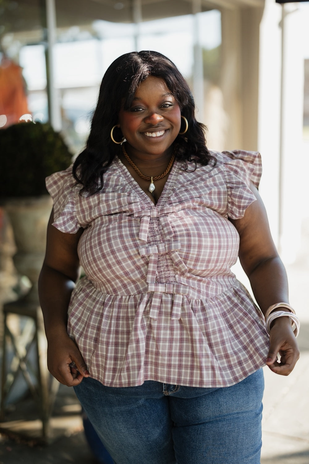 Misty Mauve Ruffle Plaid Blouse