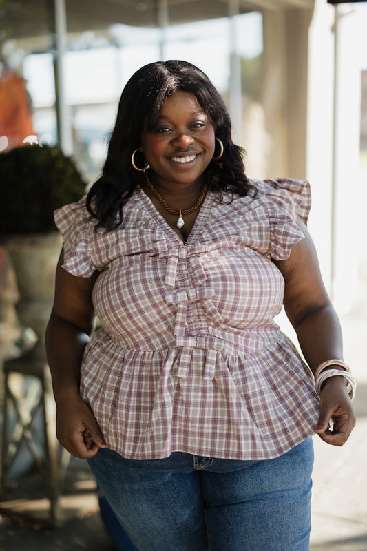 Misty Mauve Ruffle Plaid Blouse
