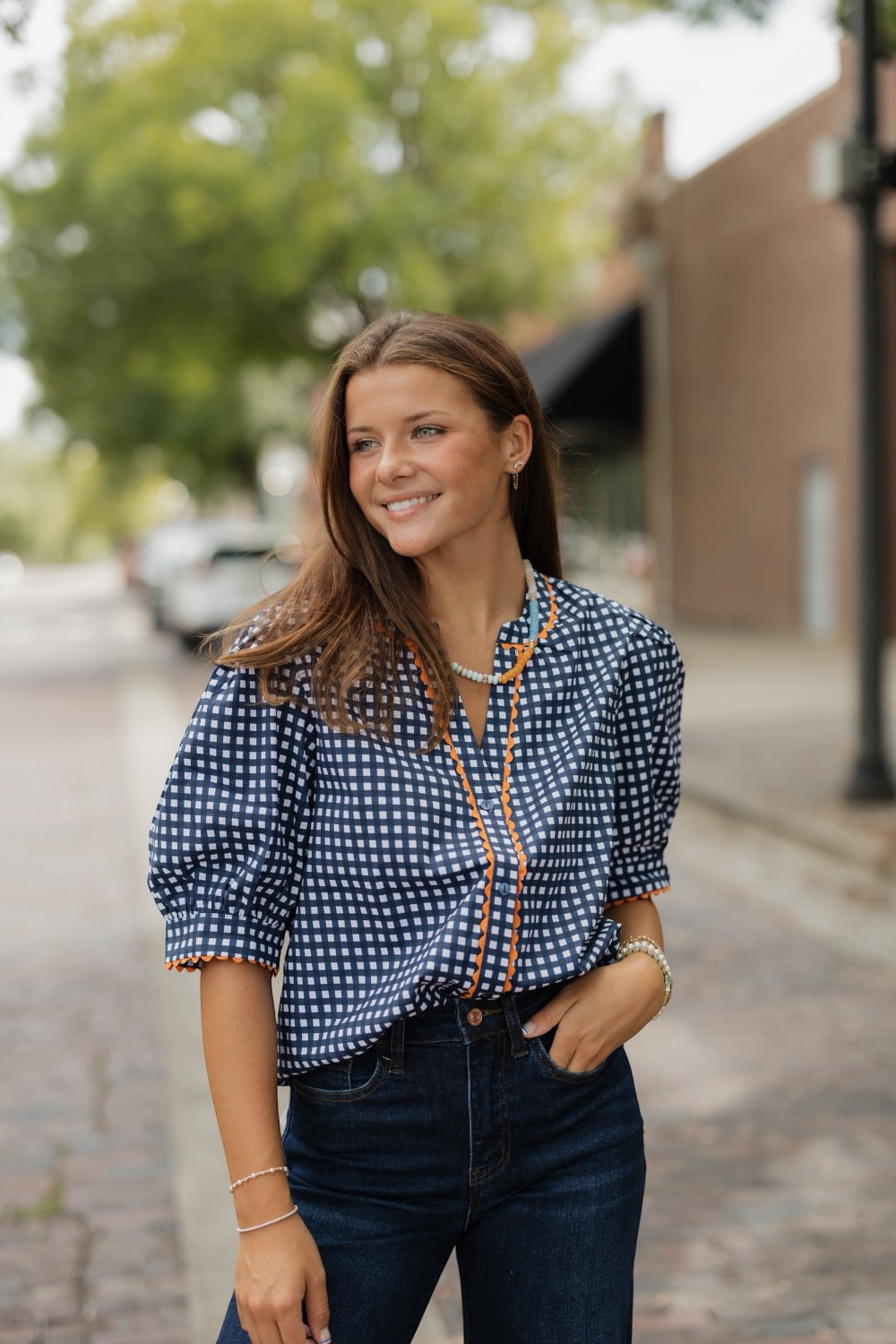 Elaine Navy Gingham Top (XS-XL)