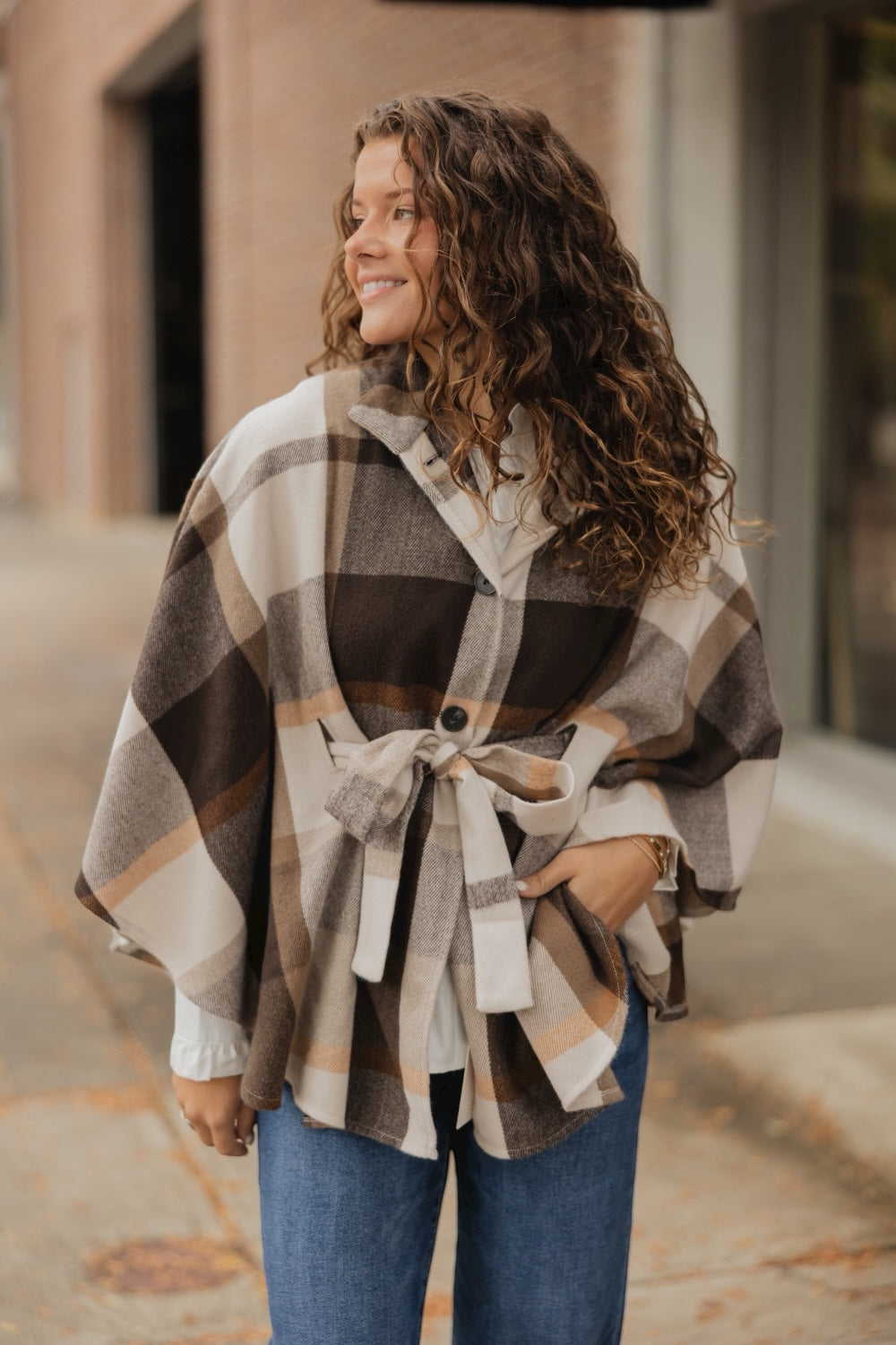 Brown Plaid Belted Wrap