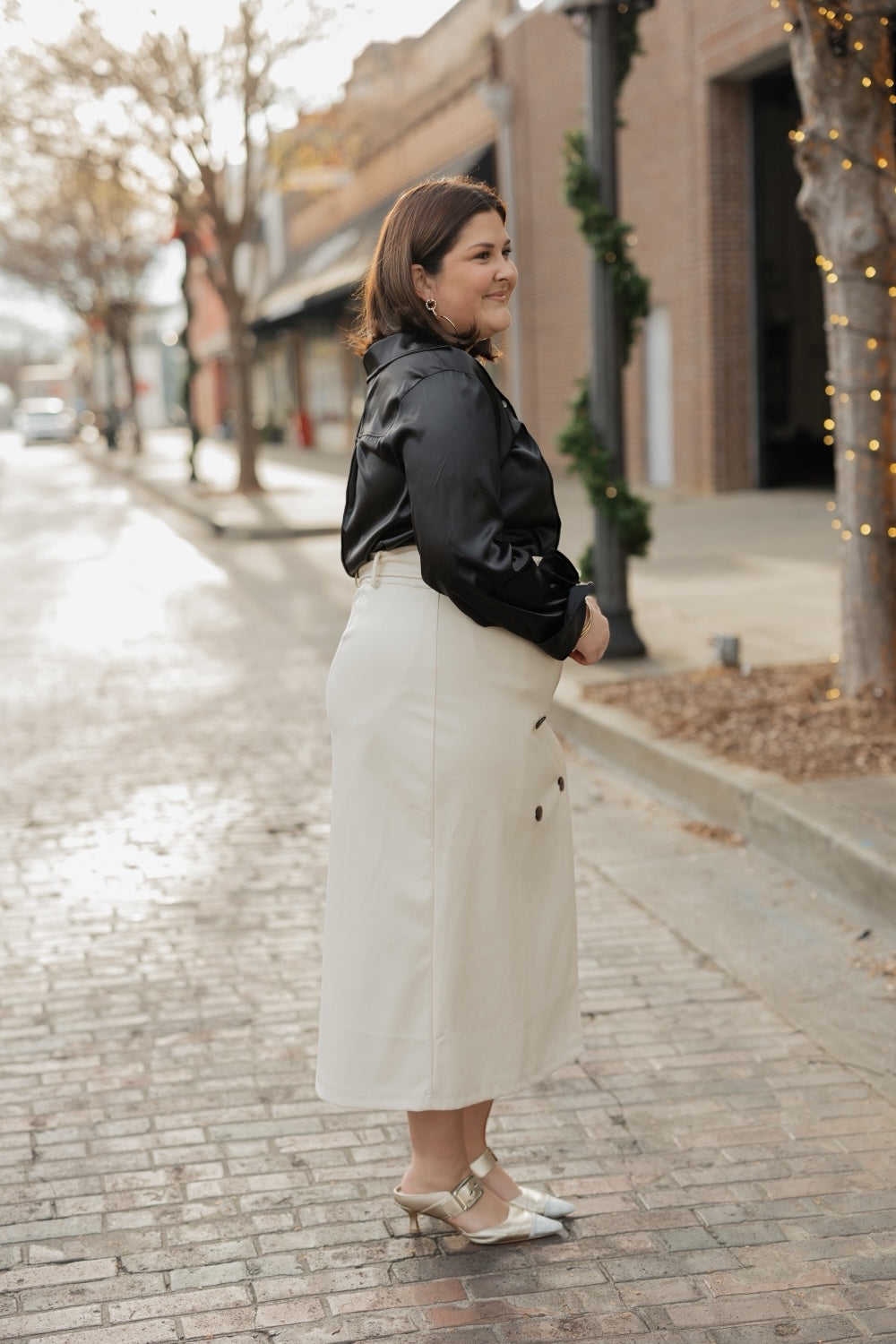 Jackie Cream Leather Double Button Skirt (XS-3XL)