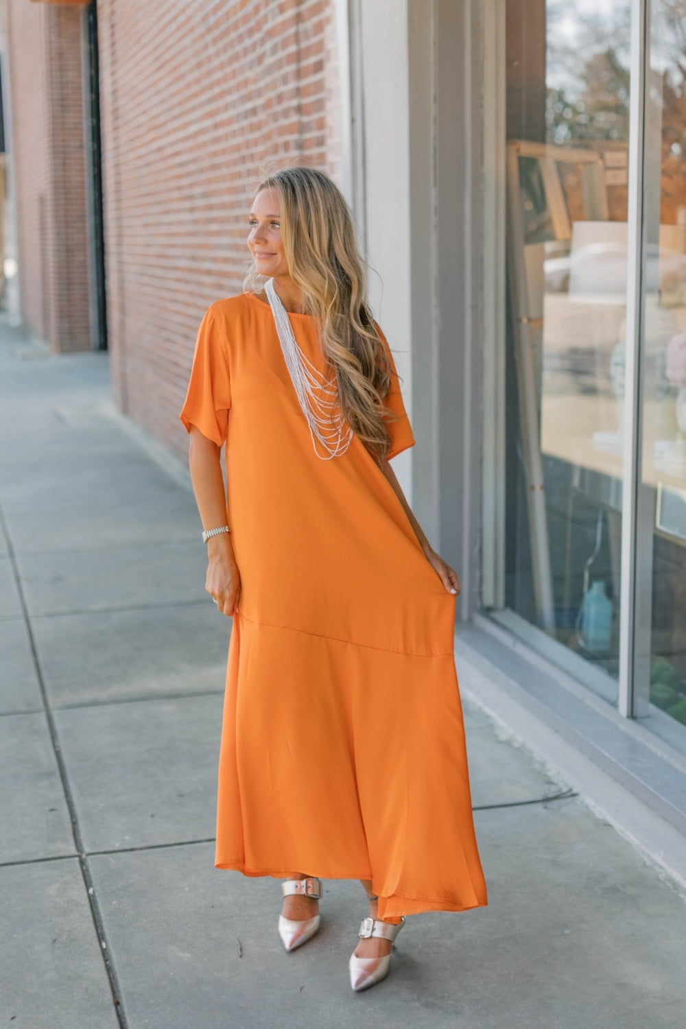 Orange Asymmetric Satin Midi Dress