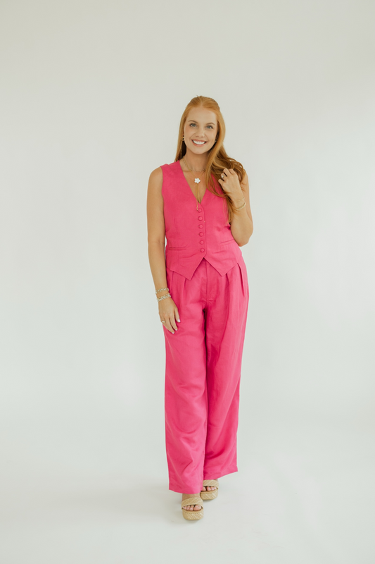 Jess Hot Pink Pleated Linen Pant (XS-XL)