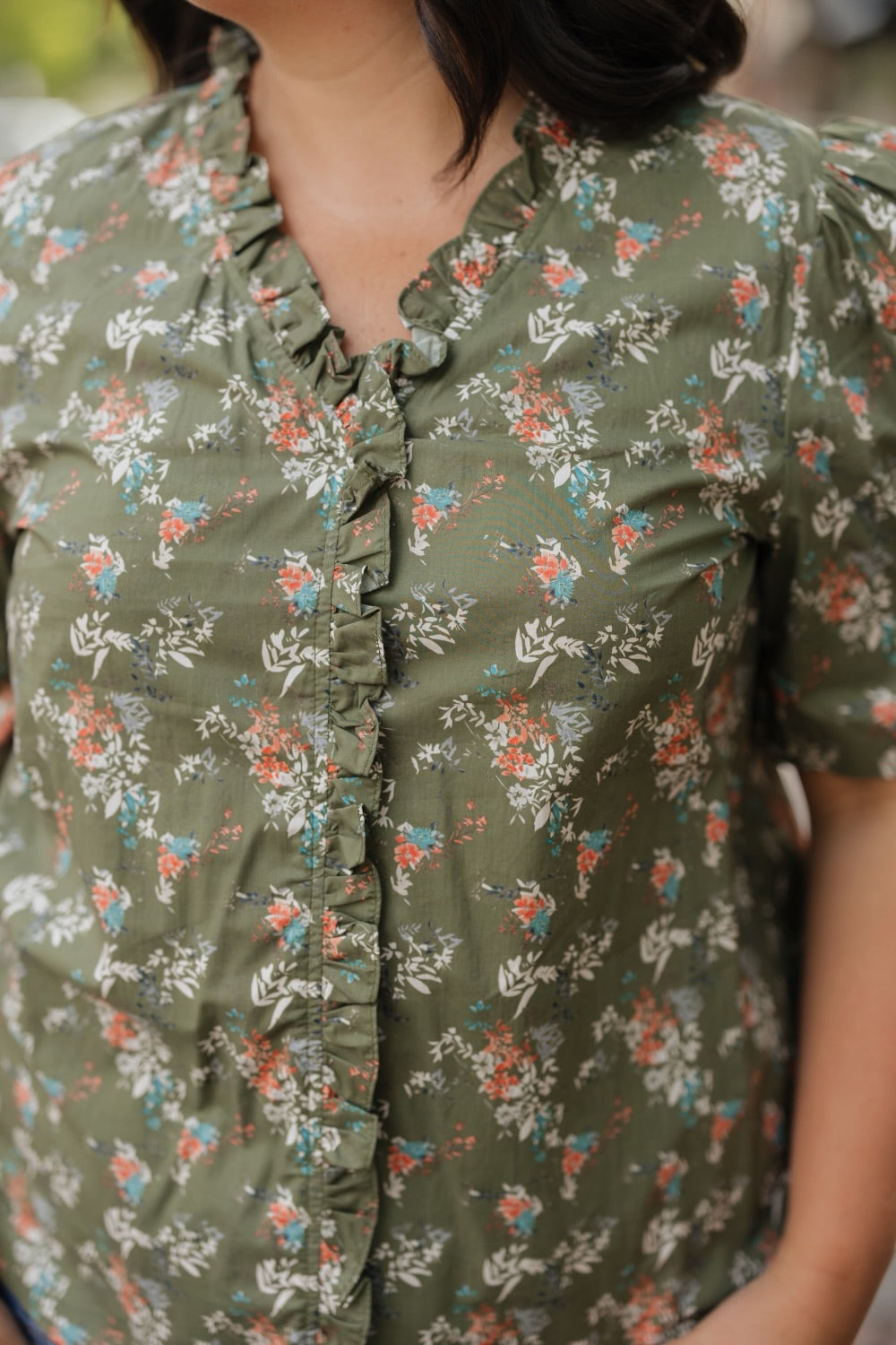 Devon Floral Olive Ruffled Neck Top