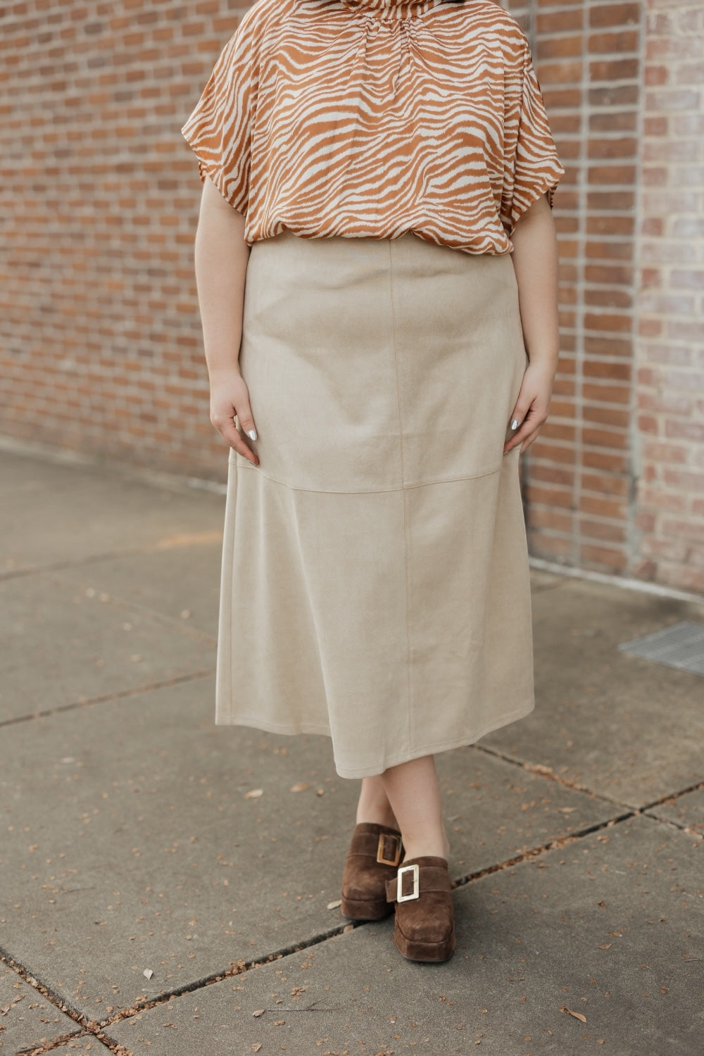 Natural Suede A-Line Midi Skirt (S-3XL)