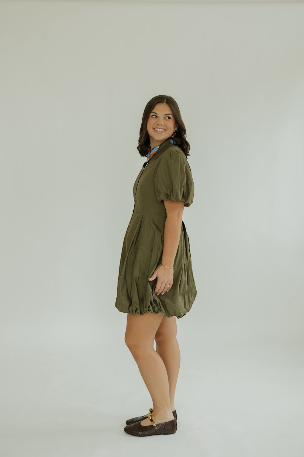 Julia Olive Bubble Hem Mini Shirt Dress