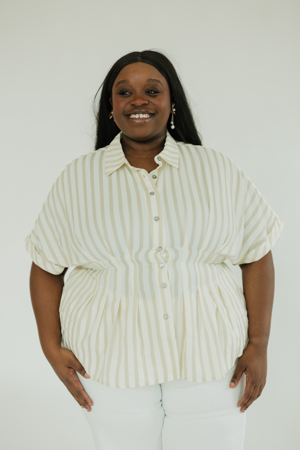 Cream Striped Pleated Waist Top (S-2XL)